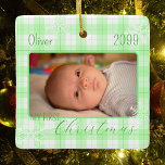 Baby boy green plaid snowflake first Christmas Ceramic Ornament<br><div class="desc">A square Christmas ornament decorated with a green plaid and snowflakes. Personalise it with a photo,  the name and the year to make a perfect gift for new parents or a beautiful keepsake for any family.</div>
