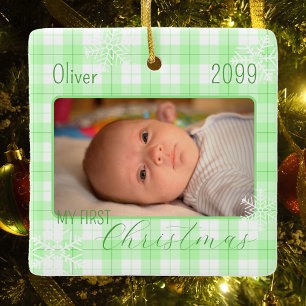 Baby boy green plaid snowflake first Christmas Ceramic Ornament