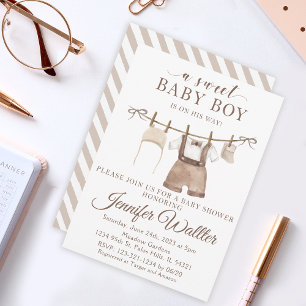 Baby boy hanging clothes baby shower invitation