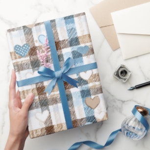 Baby Boy Hearts and Checked Plaid Wrapping Paper
