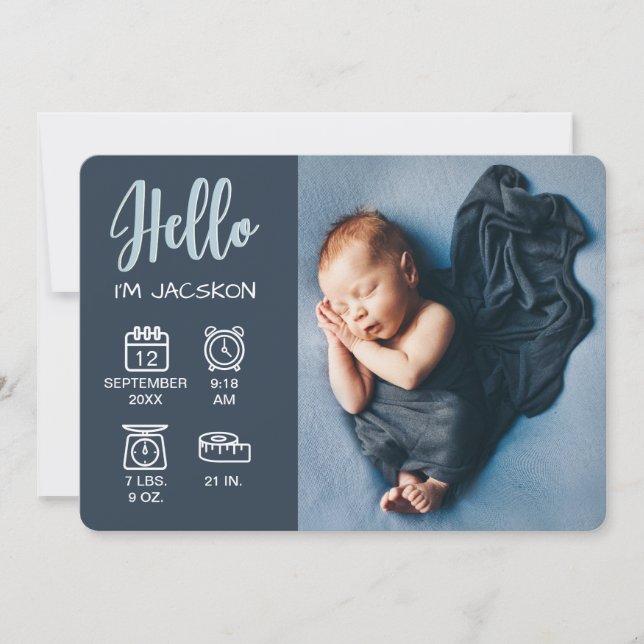 Baby boy hello overlay photo & birth stats icons announcement (Front)