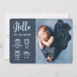 Baby boy hello overlay photo & birth stats icons announcement