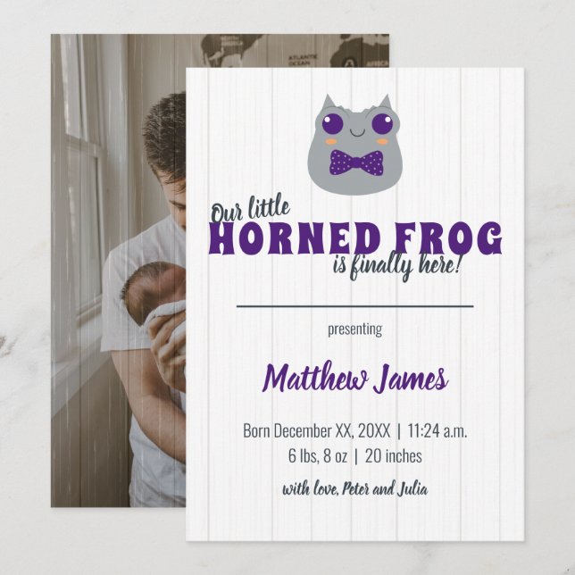 Baby Boy Horned Frog Purple Vertical Baby Announcement (Front/Back)