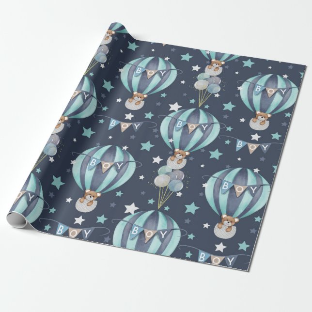 Baby Boy Hot Air Balloon And Bear Pattern Wrapping Paper (Unrolled)