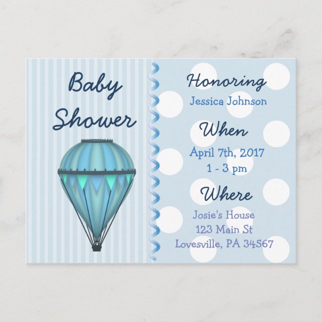 Baby Boy Hot Air Balloon Baby Shower Invitation Postcard (Front)