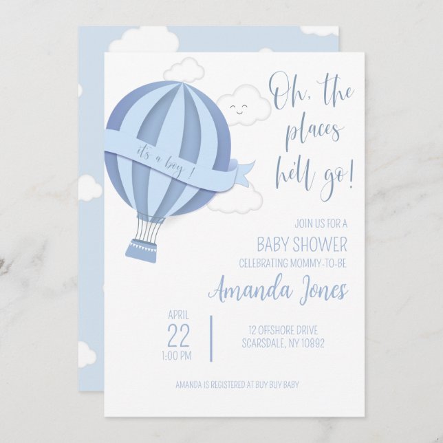 Baby Boy Hot Air Balloon Shower Invitation (Front/Back)