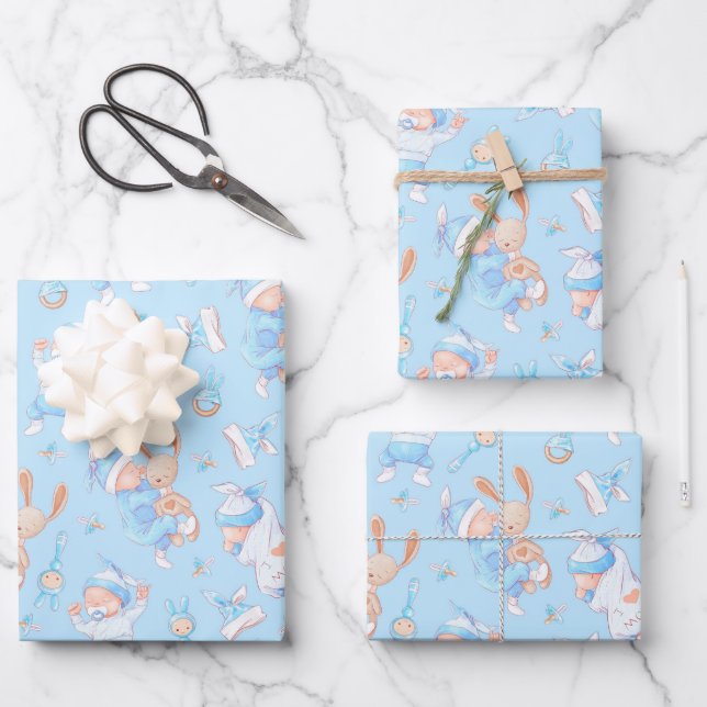 Baby Boy Hugging Bunny I Love Mum Heart Wrapping Paper Sheet (Front)