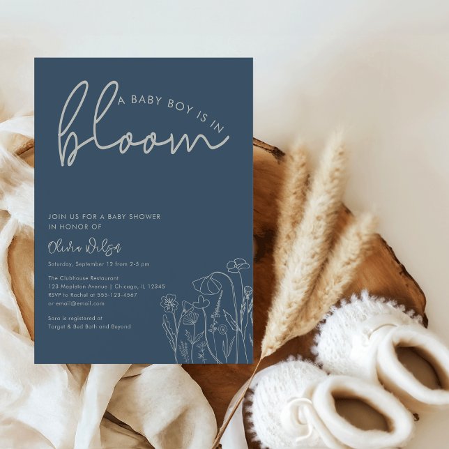 Baby Boy in Bloom Topaz Blue Wildflower BabyShower Invitation (A Baby Boy is in Bloom" Topaz Blue Wildflower Line Art Baby Shower Invitation)