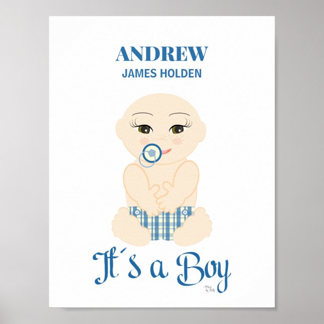 Baby Boy in Blue Shades Birth Stat Design Poster (Front)