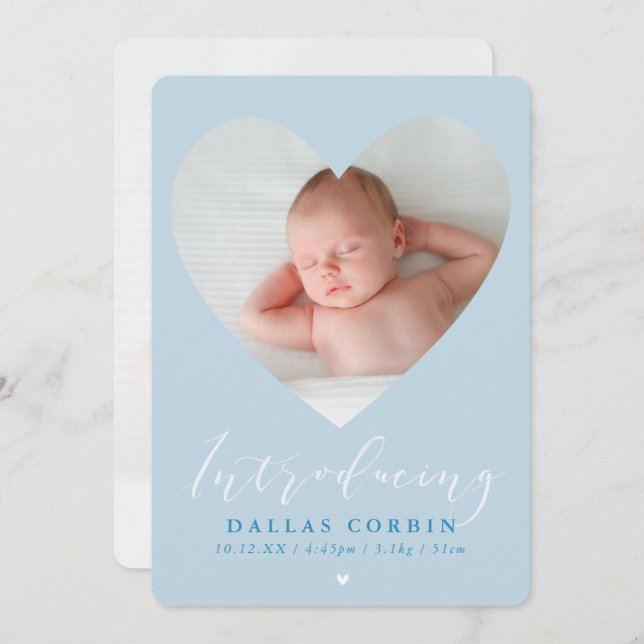 BABY BOY introducing photo heart frame pale blue Invitation (Front/Back)