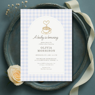 Baby Boy is Brewing Coffee Gingham Baby Shower Invitation