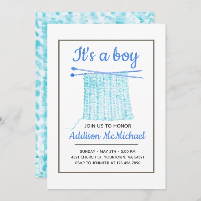 Baby Boy Knit Blanket Invitation (Front/Back)
