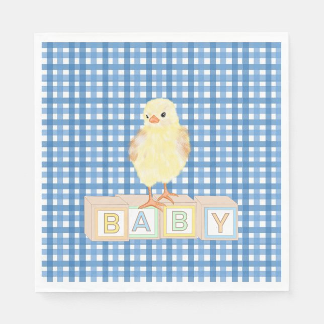 Baby Boy Little Chick Blue Gingham Napkin (Front)