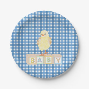 Baby Boy Little Chick Blue Gingham Paper Plate