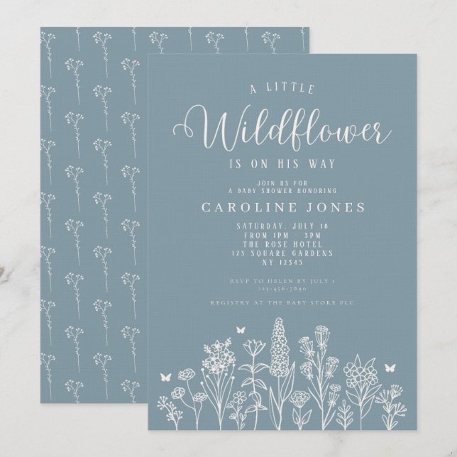 Baby Boy Little Wildflower Blue Baby Shower Invitation (Front/Back)