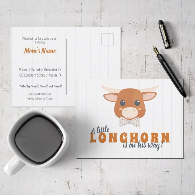 Baby Boy Longhorn Burnt Orange Baby Shower Invitation Postcard (Creator Uploaded)