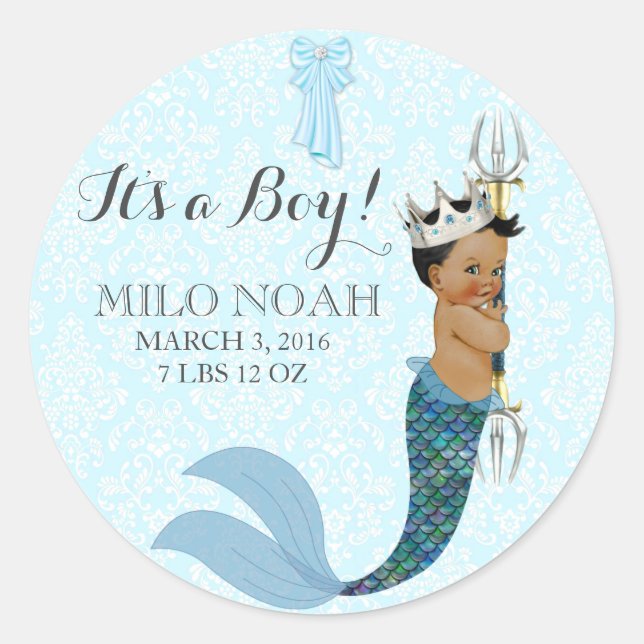 Baby Boy Merman Prince Crown African American Classic Round Sticker (Front)