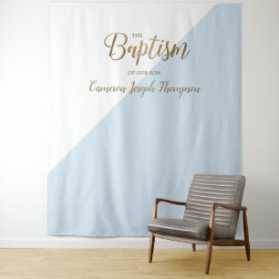 Baby boy modern baptism backdrop blue  tapestry