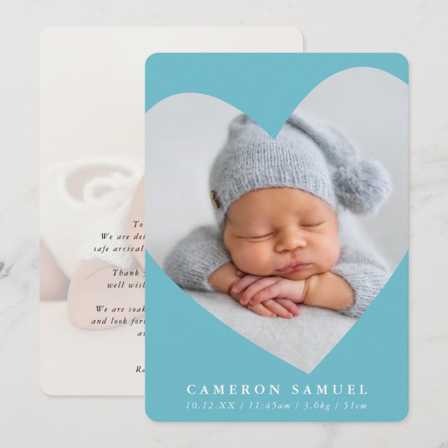 BABY BOY modern photo cute heart frame aqua blue I Invitation (Front/Back)