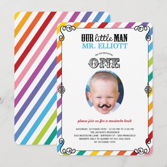 Baby Boy Moustache 1st Birthday Party Photo Invite (Front/Back)