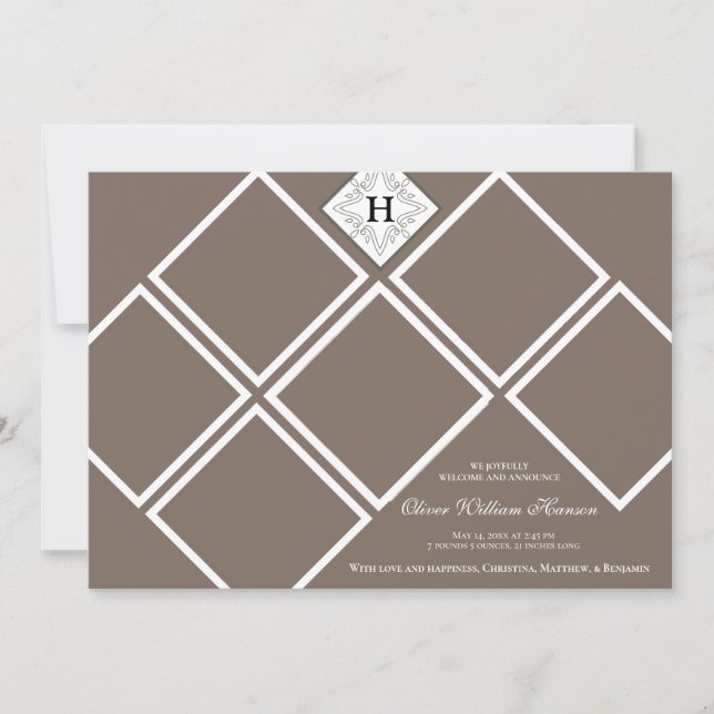 Baby Boy Multi Photo Neutral Monogram Announcement (Front)