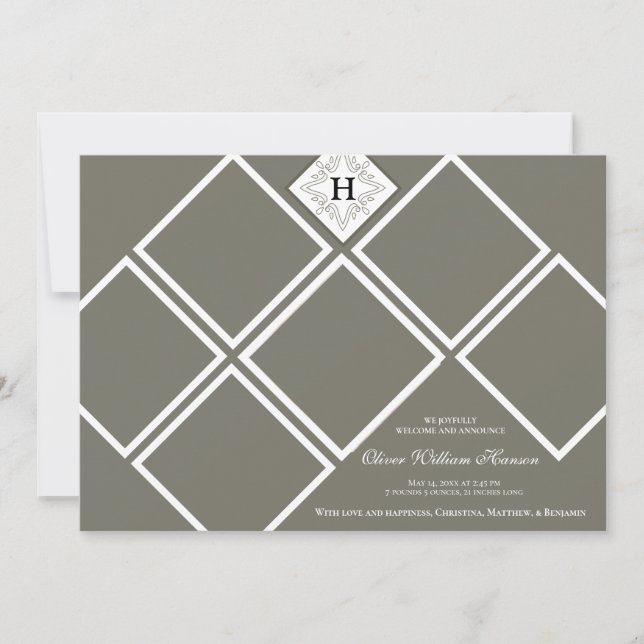 Baby Boy Multi-Photo Olive Monogram Birth Announcement (Front)