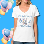 Baby Boy' Mum Name One Cute Dinosaurs  T-Shirt<br><div class="desc">Just imagine how much fun it would be match your birthday boy's t-shirt -- with those special dinosaurs and the fun "ONE" -- completed with his custom script name. Ready for the photo and many happy days after that. Any design questions just send a chat or an email to charmdesignstudio@rcn.com...</div>