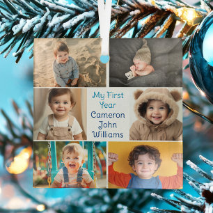 Baby Boy My 1st Year Photo Collage Christmas Glass Tree Decoration
