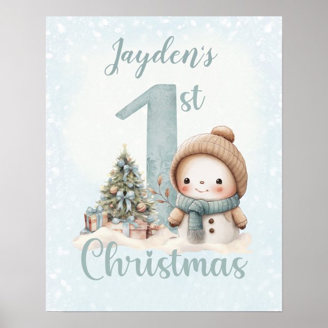 Baby Boy Name First Christmas Blue Nursery Poster (Front)