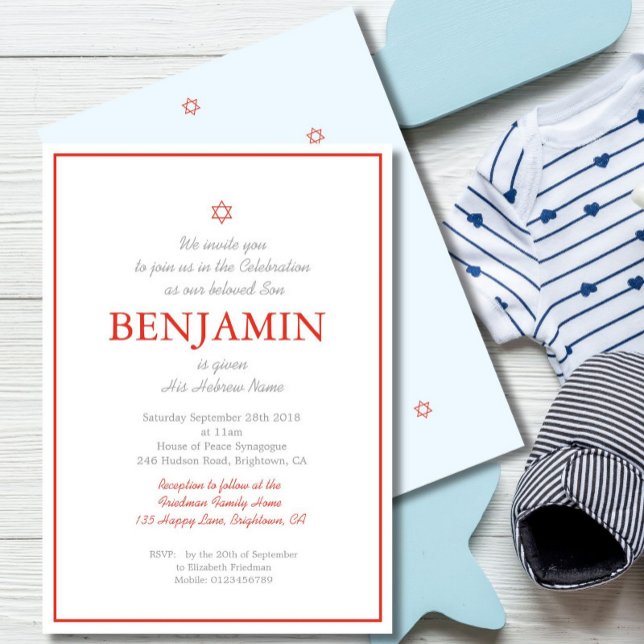Baby Boy Naming Ceremony Hebrew Jewish Red Blue  Invitation (Creator Uploaded)