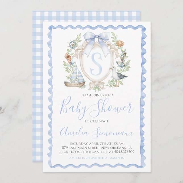 Baby Boy Nautical Shower Preppy Blue Sailing Invitation (Front/Back)