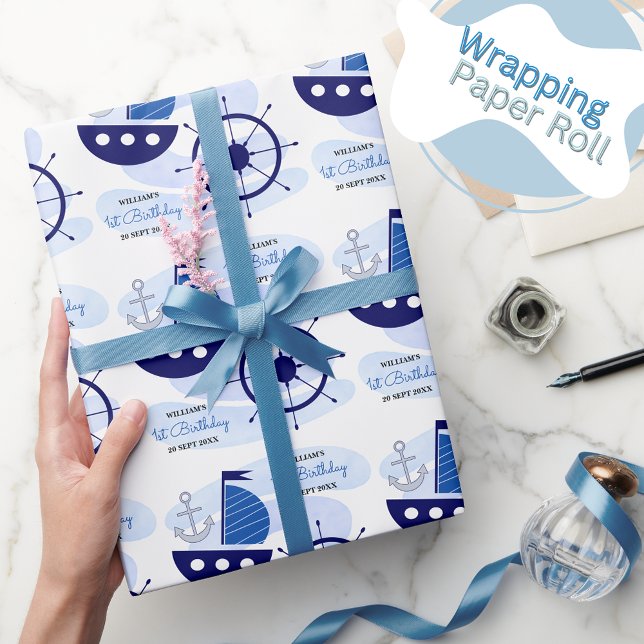 Baby Boy Nautical Watercolor Navy Blue Wrapping Paper (Creator Uploaded)