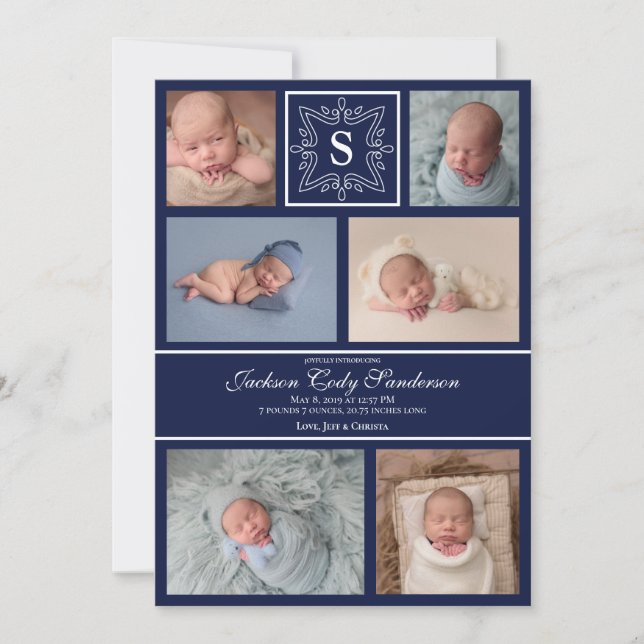 Baby Boy Navy Photo Birth Announcement Monogram (Front)