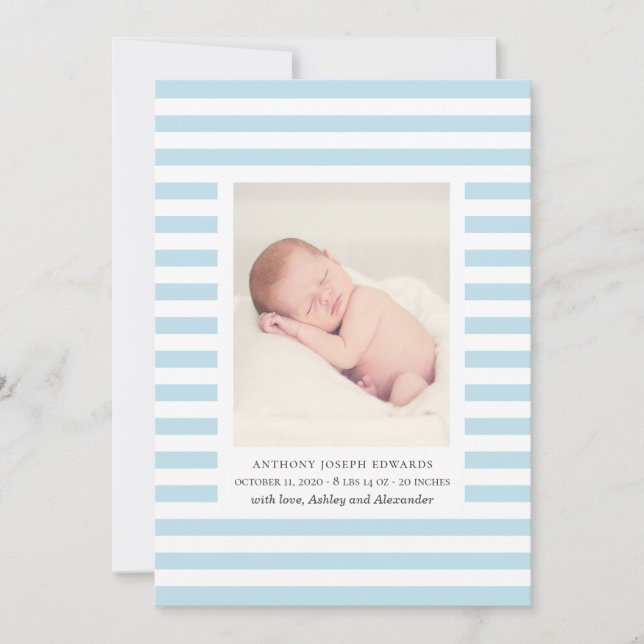 Baby boy newborn. Blue stripes nautical birth Announcement (Front)