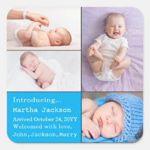 Baby Boy Newborn Photo Birth Announcement Blue Square Sticker