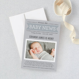 Baby Boy News Modern Grey Photo Birth Announcement