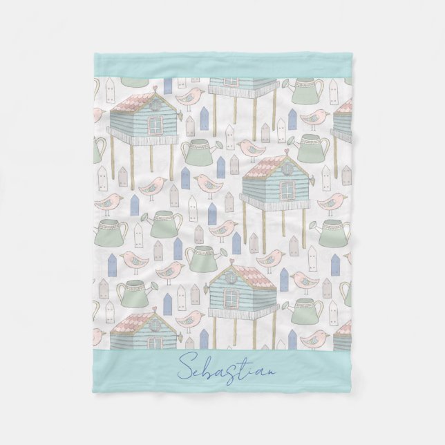 Baby Boy Nursery Country Teal Birds House Pattern Fleece Blanket (Front)