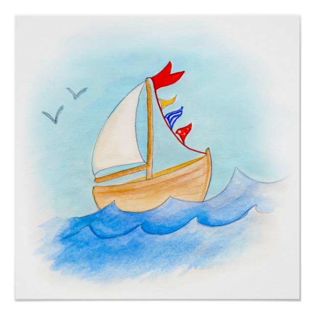 Baby boy nursery sailing boat poster (Front)