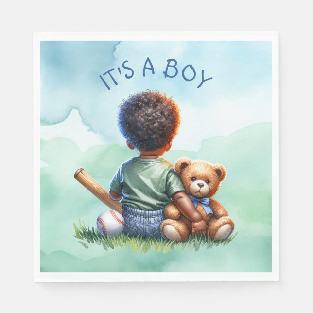 Baby Boy of Colour with his Teddy Bear Baby Shower Napkin (Front)