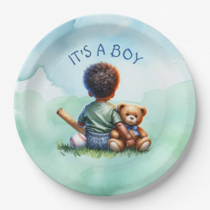 Baby Boy of Colour with his Teddy Bear Baby Shower Paper Plate
