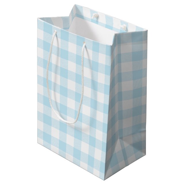 Baby Boy Pastel Blue Gingham Plaid Medium Gift Bag (Front Angled)