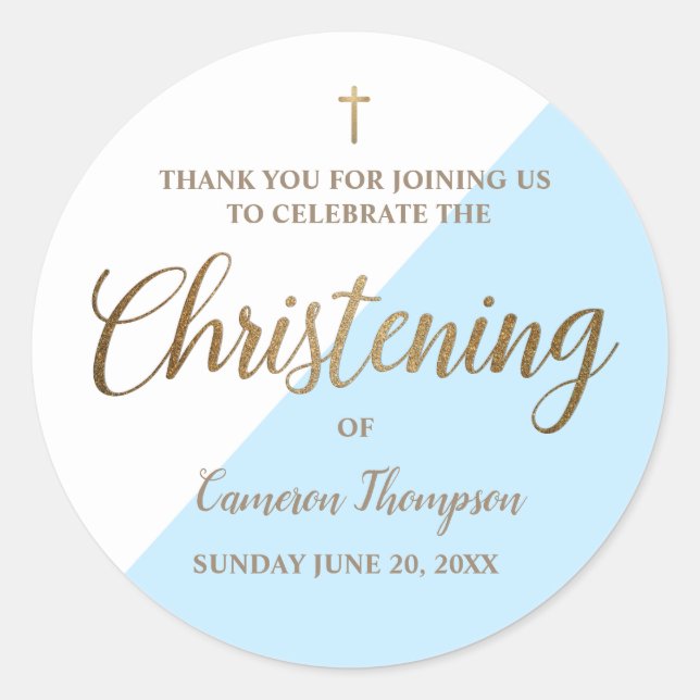 Baby Boy Personalised blue Christening thank you Classic Round Sticker (Front)