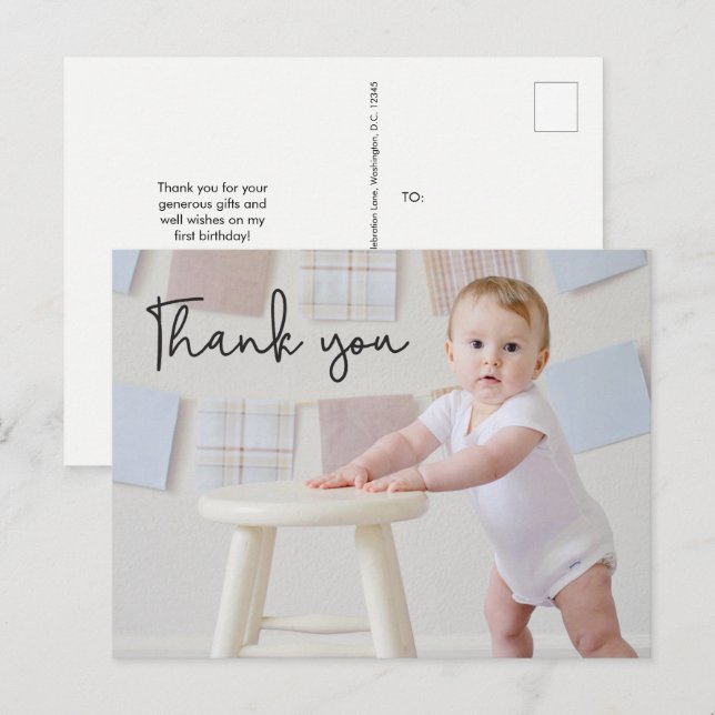 Baby Boy Photo 1st Birthday Cute Thank you Postcard (Front/Back)