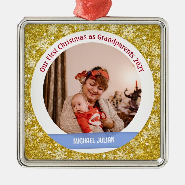 Baby Boy Photo 1st Christmas Grandparents Golden Metal Tree Decoration (Front)