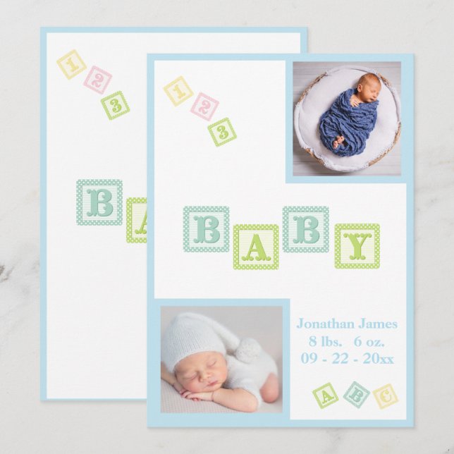 Baby Boy Photo ABC Blocks Blue Newborn Birth Announcement (Front/Back)