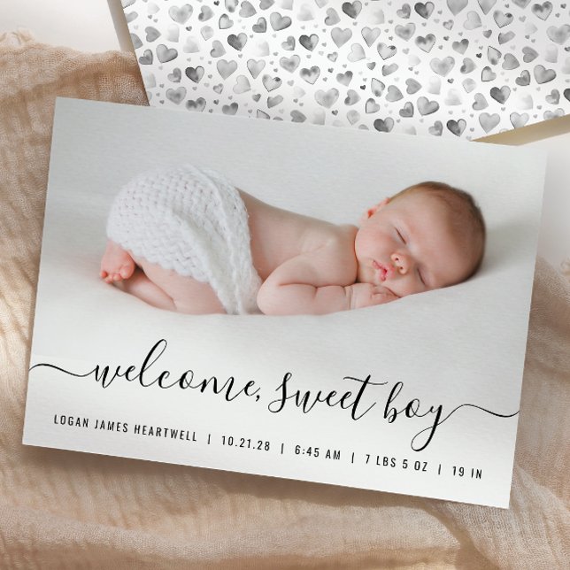 Baby Boy Photo Black White Script Hearts Birth Announcement (Creator Uploaded)