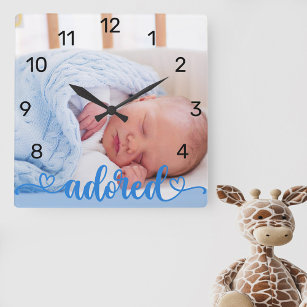 Baby Boy Photo Blue Adored Calligraphy Nursery Square Wall Clock