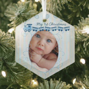 Baby Boy Photo Blue Choo Choo Train Birth Record Glass Tree Decoration