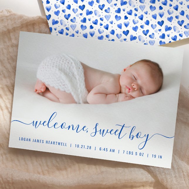 Baby Boy Photo Blue Script Hearts Birth Announcement (Creator Uploaded)