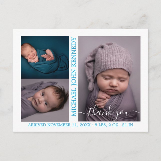 Baby Boy Photo Collage Script Birth Announcement  Postcard (Front)